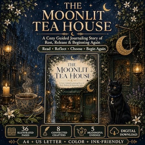 Könnte beinhalten: The Moonlit Tea House ist ein geführtes Journal mit 36 illustrierten Seiten, 8 verbundenen Kapiteln und 5 bedeutungsvollen Enden. Dieser digitale Download enthält A4- und US-Letter-Formate in Farb- und druckerfreundlichen Versionen.