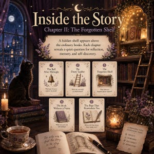 May include: A printable solo journaling game titled Inside the Story Chapter II: The Forgotten Shelf. The set includes five illustrated cards with chapter titles and reflective questions, a book, a fountain pen, and a tea cup on a wooden table.