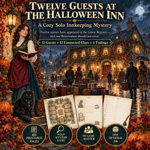 Könnte beinhalten: Ein Solo-Mystery-Spiel mit dem Titel Twelve Guests at The Halloween Inn, das eine Frau mit Buch, eine schwarze Katze und ein Gasthaus zeigt. Enthält 40 druckbare Seiten, einen Grundriss, ein Gästebuch und einen sechsseitigen Würfel.