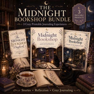 May include: The Midnight Bookshop Bundle includes three printable journaling products featuring a dark, cozy aesthetic. The covers display the title, a black cat, books, and a teacup. The set includes The Midnight Bookshop Daybook and Chapter II: The Forgotten Shelf.