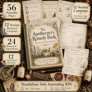 Könnte beinhalten: Ein Tabletop-Rollenspiel-Set mit dem Titel The Apothecary's Remedy Book, bestehend aus einem illustrierten Handbuch, druckbaren Seiten, einem Mörser mit Stößel, Glasfläschchen, einem Füllfederhalter, einem Würfel und einem Wachssiegel.