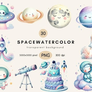 Space Watercolor Clipart | Cute Astronauts | Planets | Rockets | Space Nursery | Space Birthday | PNGs
