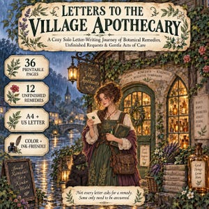 Könnte beinhalten: Ein digitales Produkt mit dem Titel Letters to the Village Apothecary, das 36 druckbare Seiten, 12 unfertige Heilmittel sowie A4- und US-Letter-Formate enthält. Die Illustration zeigt eine Person mit einem Brief vor einem Laden.