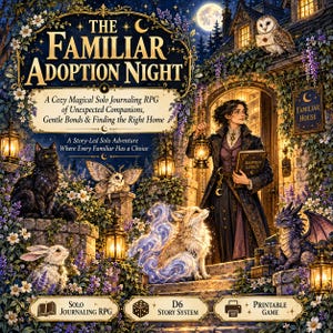 Może przedstawiać: The Familiar Adoption Night to gra fabularna dla jednej osoby, przedstawiająca postać z latarnią i księgą adopcyjną. Scena zawiera czarnego kota, ćmę, białego królika, lisa ze świecącym ogonem oraz małego smoka w pobliżu domu.