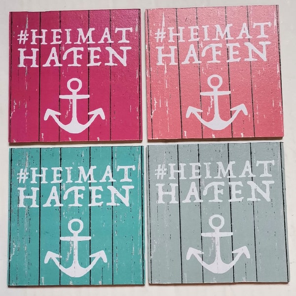 Houten onderzetters HeimatHafen, handgemaakte cadeaus, voor iedere stad