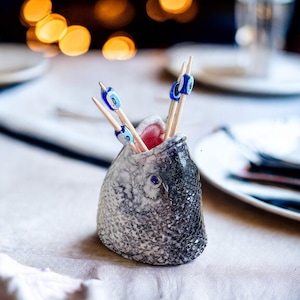 Handmade Ceramic Fish Toothpick Holder, Modern Kitchen Decor, Nautical Coastal Kitchen Decor, Ocean Inspired Gift