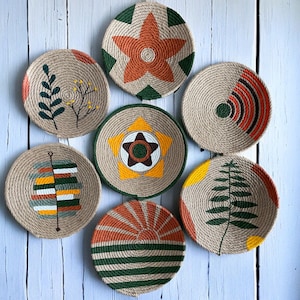 Colorful african wall plates, boho home decor, wall decoration, round wicker bowl, fruit baskets, farmhouse wall decor, natural baskets,gift