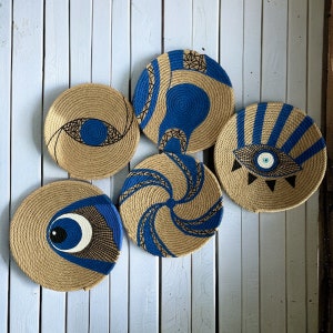 Blue wicker wall baskets, African plates, wall art, woven wall hangings, wicker round bowl, livingroom decor, housewarming gift,gift for her