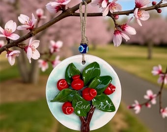 手作り陶器製ザクロの木の壁掛け（邪眼付き） - 幸運を呼ぶインテリア