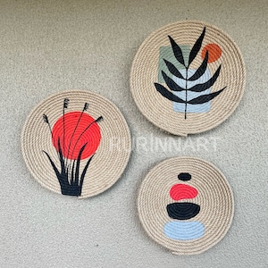 Set of 3 Plant Spike Leaf Vibrant Color Bohemian/Boho Wicker Wall Bowl/African Basket/Bohemian Wall Decor/Art Wall Decor/Special Gift