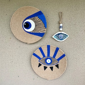 Blue wicker wall basket, evil eye African wall plate, wall art, wall hanging, balcony decor, woven basket, home gift, home decor, elegant
