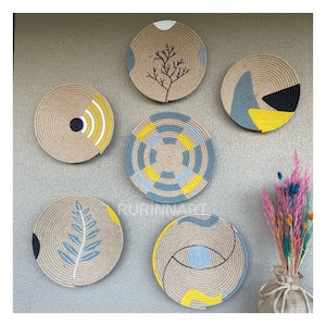 Set of 6 Grey Yellow Wicker wall basket, Bohemian Wall Decor, African Basket, Art wall decor, Boho wall art ,Wicker Bowl, Hanger Wall Plate