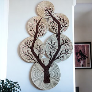 Boho wall art, hanger wall plate, unique wicker wall decor, African round plates, tree design, living room decor, special wall art,home gift