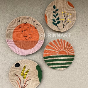 Orange wicker wall basket, green African wall plates, natural woven wall basket, boho home decor, living room decor, balcony wall art, gift