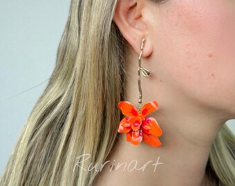 Handmade Brass Flower Earrings, Statement Jewelry, Vibrant Colors, Artistic Floral Design, Summer Gift for Her, Orange Flower Earrings