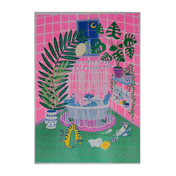 Bath time riso print A4, art print, risograph print