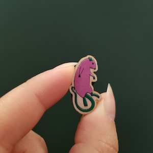 Pink rat wooden pin badge
