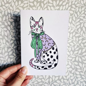 Tarjeta de gato con sobre, papel reciclado, arostocay, gato con ropa, gato elegante, gato lindo, postal, gato luna, gato vaca
