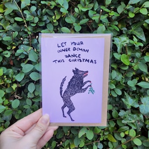 Laissez votre démon intérieur danser cette carte de Noël avec enveloppe, carte de fête, carte de loup, carte rose