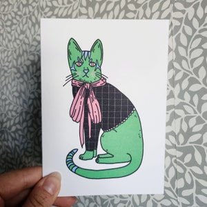 Carte de chat avec enveloppe, papier recyclé, arostocay, chat avec des vêtements, chat chic, chat mignon, carte postale