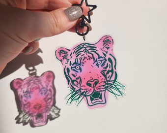 Pink and green tiger acrylic keychain, double sided, transparent