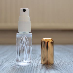 Può includere: Un flacone di profumo in vetro trasparente con un nebulizzatore bianco e un tappo dorato separato. Il flacone ha un design decorativo inciso. Il tappo è cilindrico e lucido. Il flacone è vuoto.