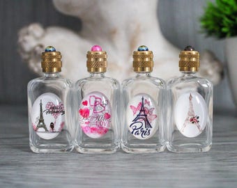 5,7 cm hög, miniatyr tom Eiffeltornsparfymflaska, glasampull, dekorativ vintageflaska, Paris cabochon, pärlbelagd guldpropp