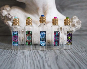 5.8 cm de haut, Fiole de sac en verre transparent, mini flacon vide mandala, fiole décorative, flacon parfum de poche, cadeau bohème