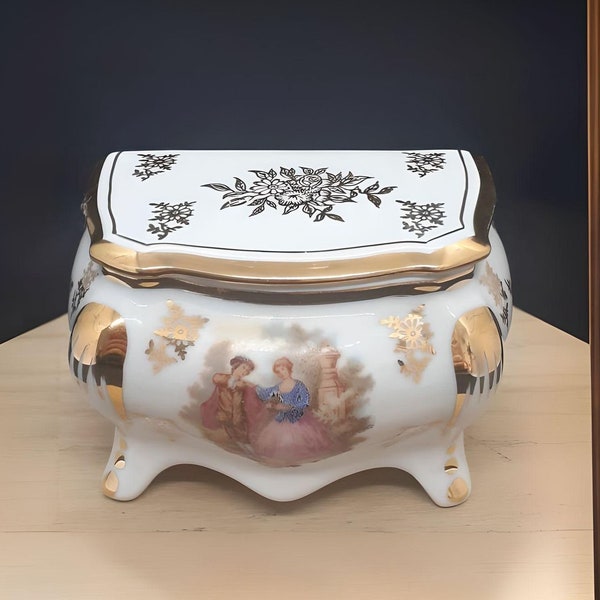 Boite en porcelaine de Limoges, boîte à bijoux de Limoges, 8,5 de largeur, Scène galante de Fragonard, cadeau pour elle, coffret à bijoux