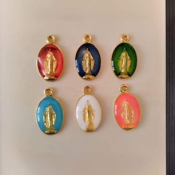 Pendentif médaille ovale de la Vierge Marie, pendentif plaqué or médaille miraculeuse, médaille religieuse 19mm en plaqué or et émail coloré