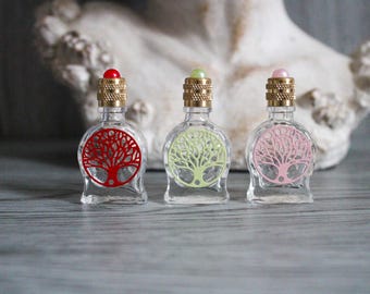 Frasco de perfume em miniatura vazio, com 4,7 cm de altura, com desenho da árvore da vida, frasco de vidro transparente, frasco decorativo, tampa dourada com pérola.