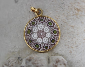 Pendentif Murine Millefiori En Verre De Murano - Plaqué Or - Env. 2 Cm - Occasion