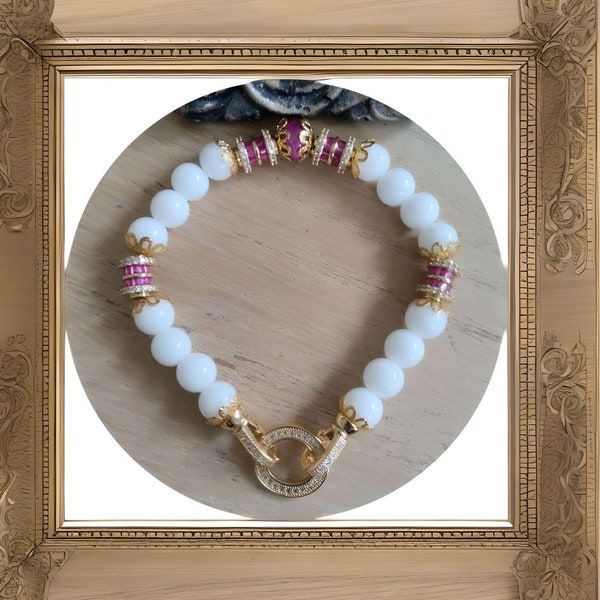 Bracelet agate blanche, bracelet plaqué or 18k en pierres naturelles, bracelet 19 cm, cadeau pour elle, cadeaux pour anniversaire