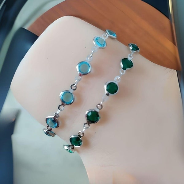 Bracelet fin avec perles de cristal de couleur bleu ou vert, bracelet ajustable 17-22 cm, idées cadeaux anniversaire, Saint Valentin