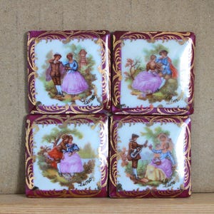 33x33 mm, Lot de 4 cabochons ancien vintage en porcelaine de Limoges, Scène galante de Fragonard, cabochon de limoges, fabrication française