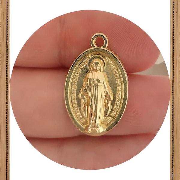 14K gold plated, Virgin Mary oval medal pendant, miraculous medal, 2.1 cm gold plated religious medal, Madonna charm