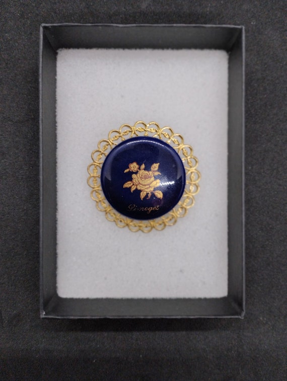 Limoges porcelain brooch 3.8 cm, vintage oven blu… - image 1