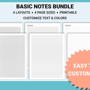 Könnte beinhalten: Ein Satz druckbarer Notizpapier-Vorlagen mit sechs verschiedenen Layouts, darunter Gitter-, Linien- und Punktmuster. Der Text "BASIC NOTES BUNDLE" befindet sich oben im Bild, und der Text "EASY TO CUSTOMIZE!" befindet sich unten im Bild.