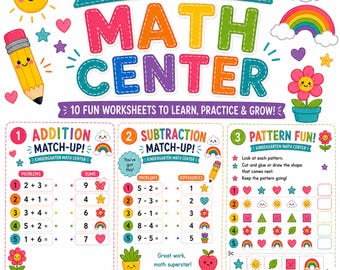 Arkusze matematyczne dla przedszkolaków | 10 ćwiczeń matematycznych do wydrukowania | Centra matematyczne, dodawanie, odejmowanie, liczby i kształty