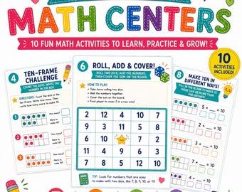 Arkusze matematyczne dla pierwszej klasy | 10 wydrukowanych ćwiczeń z centrum matematycznego | Dodawanie, odejmowanie, wartość miejsca i wiązanie liczbowe