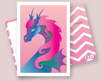 PINK DRAGON | fsc® postcards | Dutch design | Girls Postcard | Kids Bedroom Art | Wall Art | Dragon Art | Girls Bedroom Art | Dragon Card