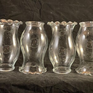 Four Vintage Clear glass chimneys for oil lamp or sconce with ruffled, pie crust upper rim.