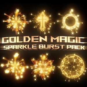 以下が含まれることがあります： GOLDEN MAGIC SPARKLE BURST PACKと題されたデジタルコレクション。黒い背景に、4つの光線を持つ星、十字架、円形のリング、5つの光線を持つ星、六芒星、円形の印章という6つの輝く金色のグラフィック要素が配置されています。