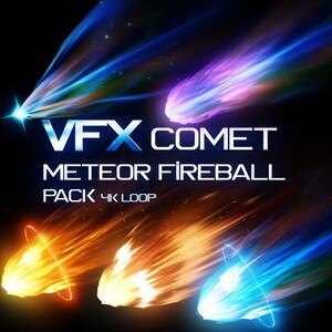 Könnte beinhalten: Eine digitale Grafik mit dem Text VFX COMET METEOR FIREBALL PACK 4K LOOP. Das Bild zeigt fünf Lichtstreifen in Blau, Lila, Orange, Gelb und Weiß, die wie Kometen oder Feuerbälle vor einem dunklen schwarzen Hintergrund aussehen.