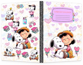 Individuell gestalteter Snoopy & Lucy Notizbuch-Einband mit holografischem Glitzer