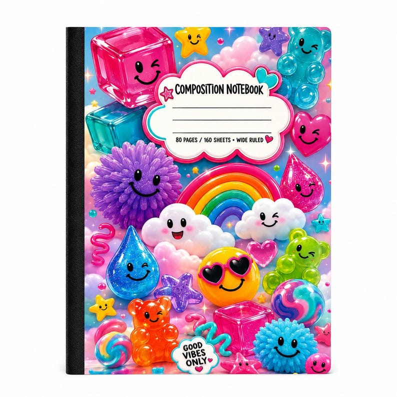 May include: A composition notebook featuring a vibrant, colourful collage of cartoon characters including gummy bears, rainbows, clouds, stars, and smiley faces. The centre white cloud label reads COMPOSITION NOTEBOOK, 80 PAGES / 160 SHEETS / WIDE RULED.