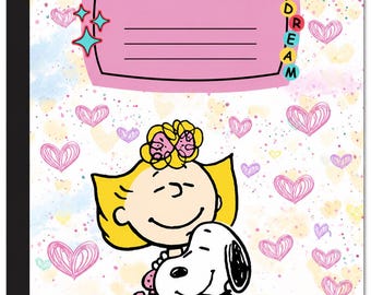 Individuell gestalteter Snoopy & Sally Notizbuch-Einband mit holografischem Glitzer