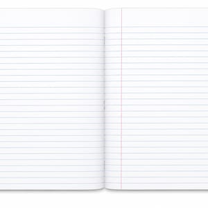 May include: An open notebook with white pages featuring horizontal blue lines and a vertical red margin line on both the left and right sides. The notebook is laid flat, displaying two blank pages ready for writing, note-taking, or sketching.