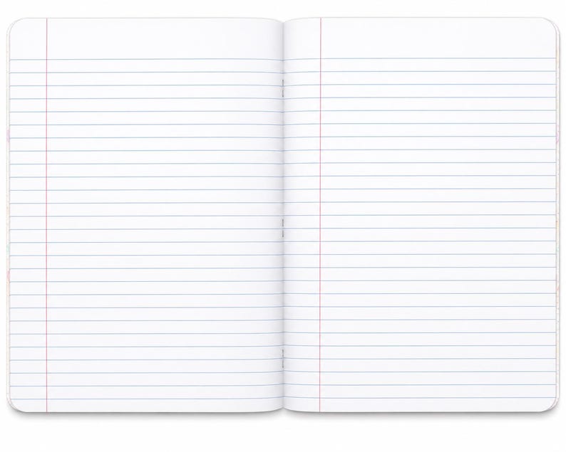 May include: An open notebook with white pages featuring horizontal blue lines and a vertical red margin line on both the left and right sides. The notebook is laid flat, displaying two blank pages ready for writing, note-taking, or sketching.
