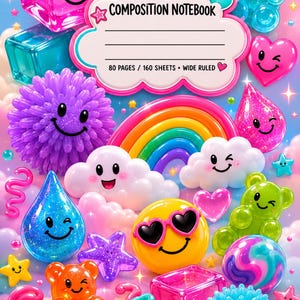 May include: A composition notebook with a cloud-shaped label reading COMPOSITION NOTEBOOK 80 PAGES / 160 SHEETS WIDE RULED. The cover features a colourful collage of winking smiley faces, gummy bears, stars, hearts, rainbows, and glittery shapes.